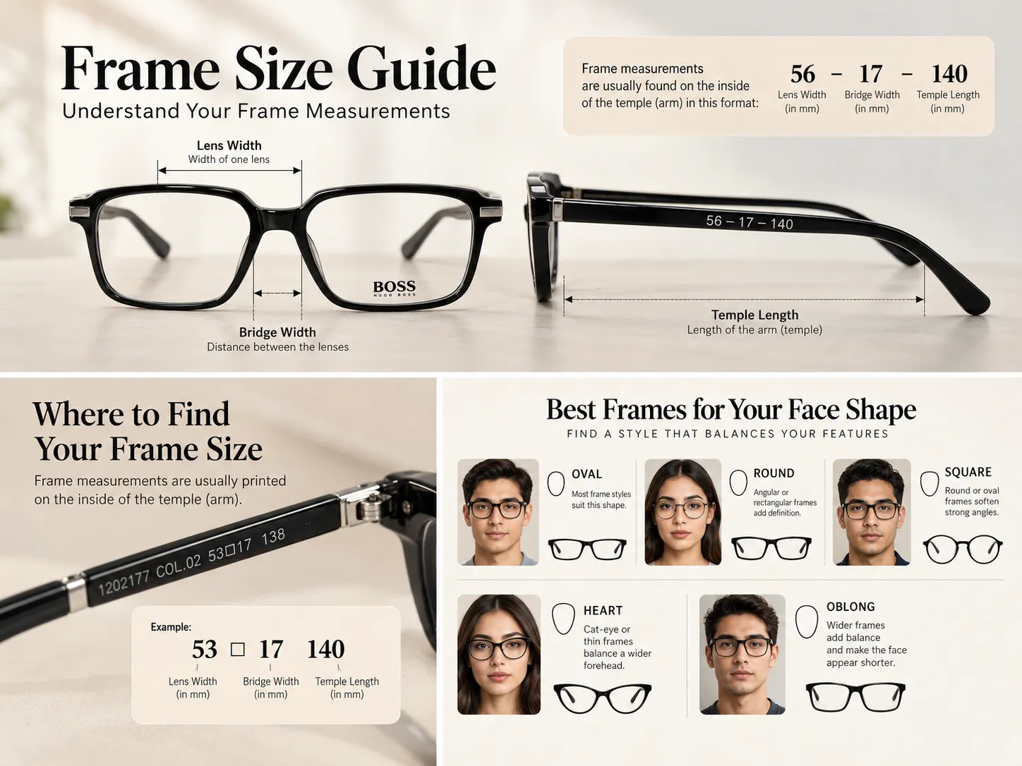 Where to find your frame size printed on the inside of the temple arm