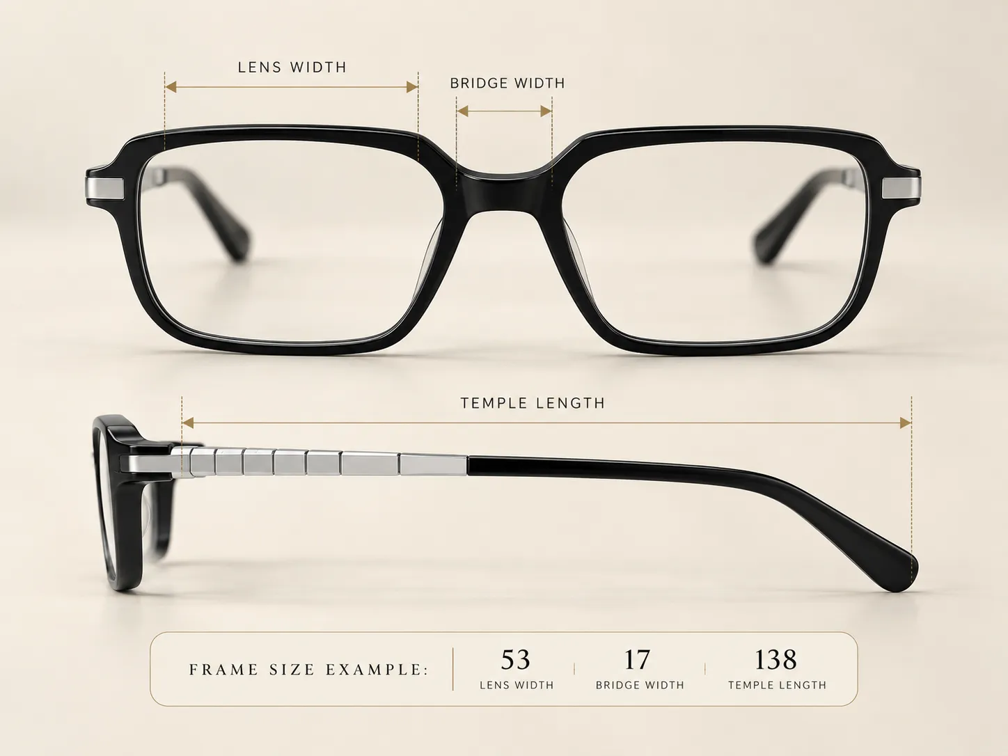 Frame size guide showing lens width, bridge width and temple length